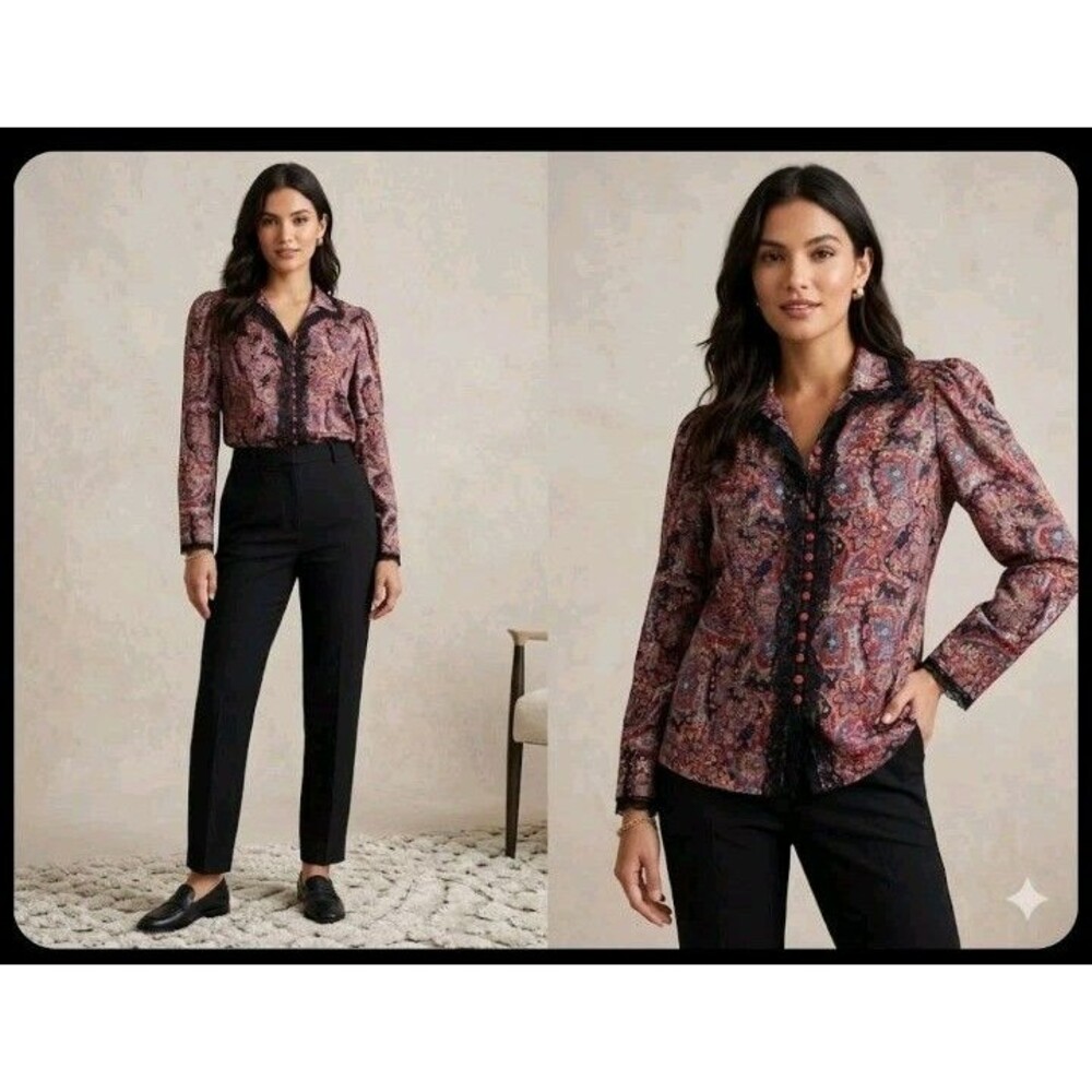 Vintage Circle T Victorian Style Paisley Lace Ruffle Trim Cotton Size 9/10 Shirt